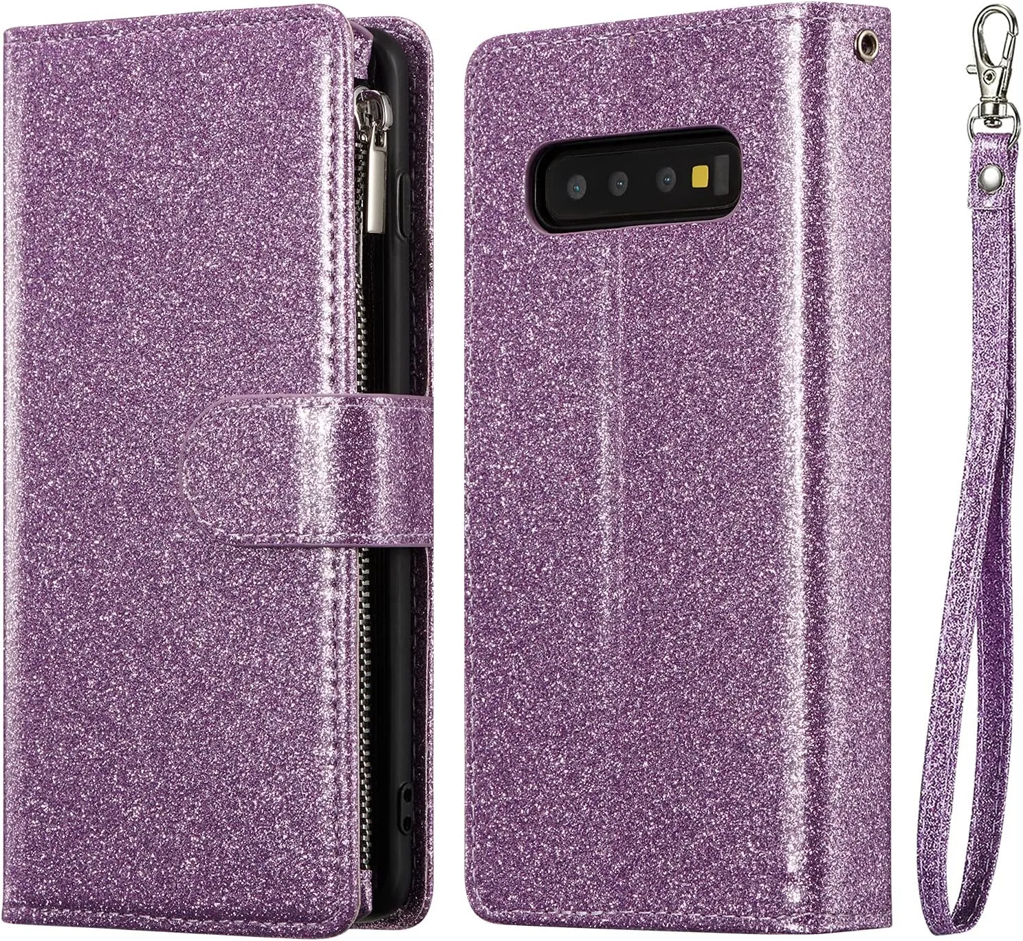 UEEBAI Wallet Case for Samsung Galaxy S10 Plus, PU Leather Wallet Magnetic Closure Handbag Zipper Pocket Cover Kickstand Card Slots with Hand Strap Marple Flip Case for Women - Glitter Purple
