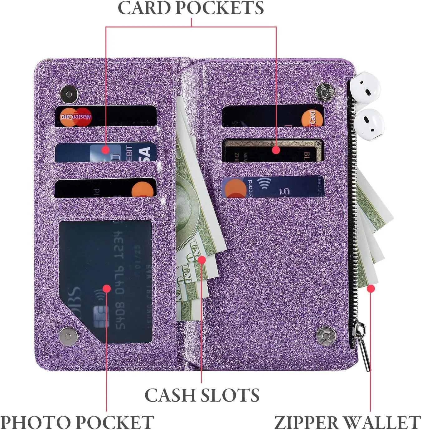 UEEBAI Wallet Case for Samsung Galaxy S10 Plus, PU Leather Wallet Magnetic Closure Handbag Zipper Pocket Cover Kickstand Card Slots with Hand Strap Marple Flip Case for Women - Glitter Purple
