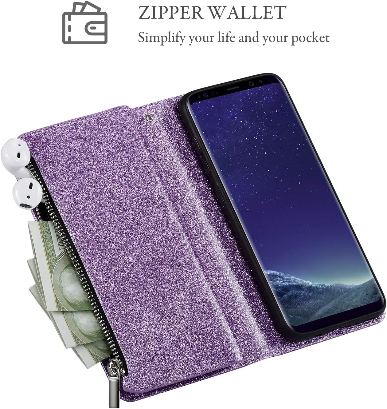 UEEBAI Wallet Case for Samsung Galaxy S10 Plus, PU Leather Wallet Magnetic Closure Handbag Zipper Pocket Cover Kickstand Card Slots with Hand Strap Marple Flip Case for Women - Glitter Purple