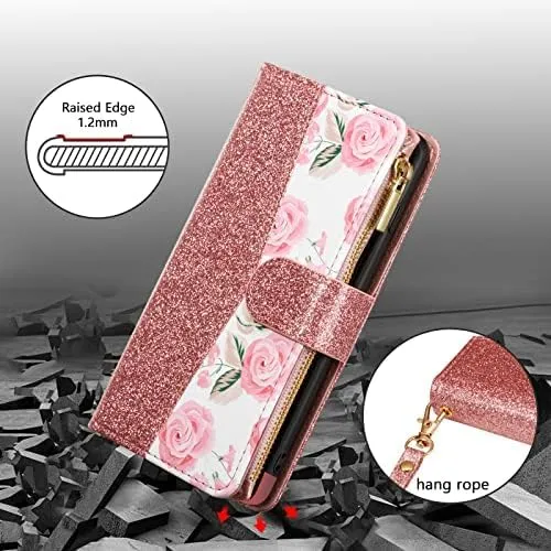 UEEBAI Wallet Case for Samsung Galaxy S10, PU Leather Case Magnetic Closure Handbag Zipper Pocket Case Kickstand Card Slots with Hand Strap Marple Flip Case for Wome