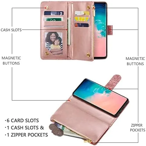 UEEBAI Wallet Case for Samsung Galaxy S10, PU Leather Case Magnetic Closure Handbag Zipper Pocket Case Kickstand Card Slots with Hand Strap Marple Flip Case for Wome