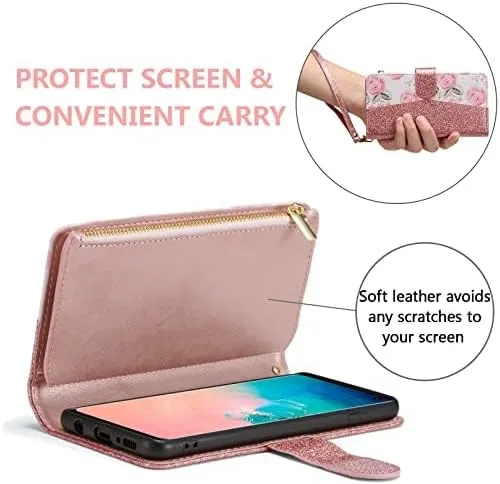 UEEBAI Wallet Case for Samsung Galaxy S10, PU Leather Case Magnetic Closure Handbag Zipper Pocket Case Kickstand Card Slots with Hand Strap Marple Flip Case for Wome
