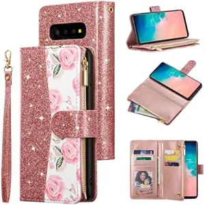 UEEBAI Wallet Case for Samsung Galaxy S10, PU Leather Case Magnetic Closure Handbag Zipper Pocket Case Kickstand Card Slots with Hand Strap Marple Flip Case for Wome