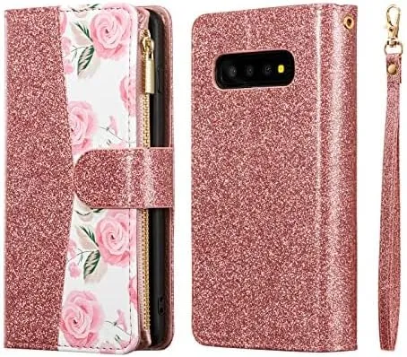 UEEBAI Wallet Case for Samsung Galaxy S10, PU Leather Case Magnetic Closure Handbag Zipper Pocket Case Kickstand Card Slots with Hand Strap Marple Flip Case for Wome
