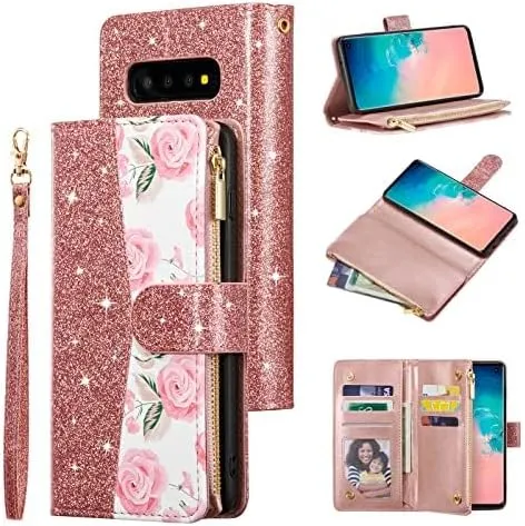 UEEBAI Wallet Case for Samsung Galaxy S10, PU Leather Case Magnetic Closure Handbag Zipper Pocket Case Kickstand Card Slots with Hand Strap Marple Flip Case for Wome