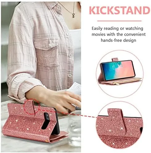UEEBAI Wallet Case for Samsung Galaxy S10, PU Leather Case Magnetic Closure Handbag Zipper Pocket Case Kickstand Card Slots with Hand Strap Marple Flip Case for Wome