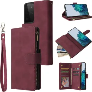 UEEBAI Wallet Case for Samsung Galaxy S21 Ultra 5G, PU Leather Case Magnetic Closure Handbag Zipper Pocket Case Kickstand Card Slots with Hand Strap Marple Flip Case for Women - Wine Red