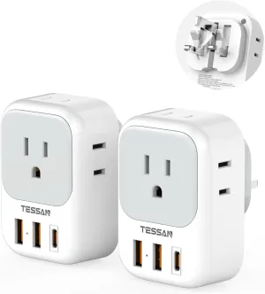 UK Adapters for Travel, TESSAN US to UK Ireland Plug Adapter 20W, Foldable Power Adaptor with 4 Outlets 3 USB(PD 20W 1 USB C) Charger, Type G for USA to Scotland London England HongKong Dubai Irish