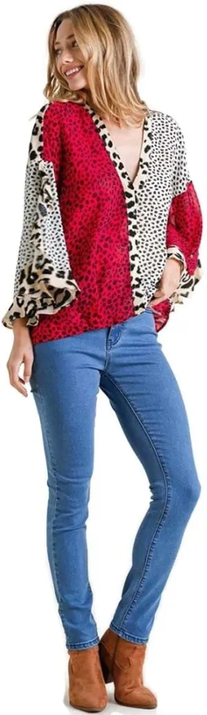 Umgee Women's Animal Mixed Print Ruffled Sleeve Surplice Top