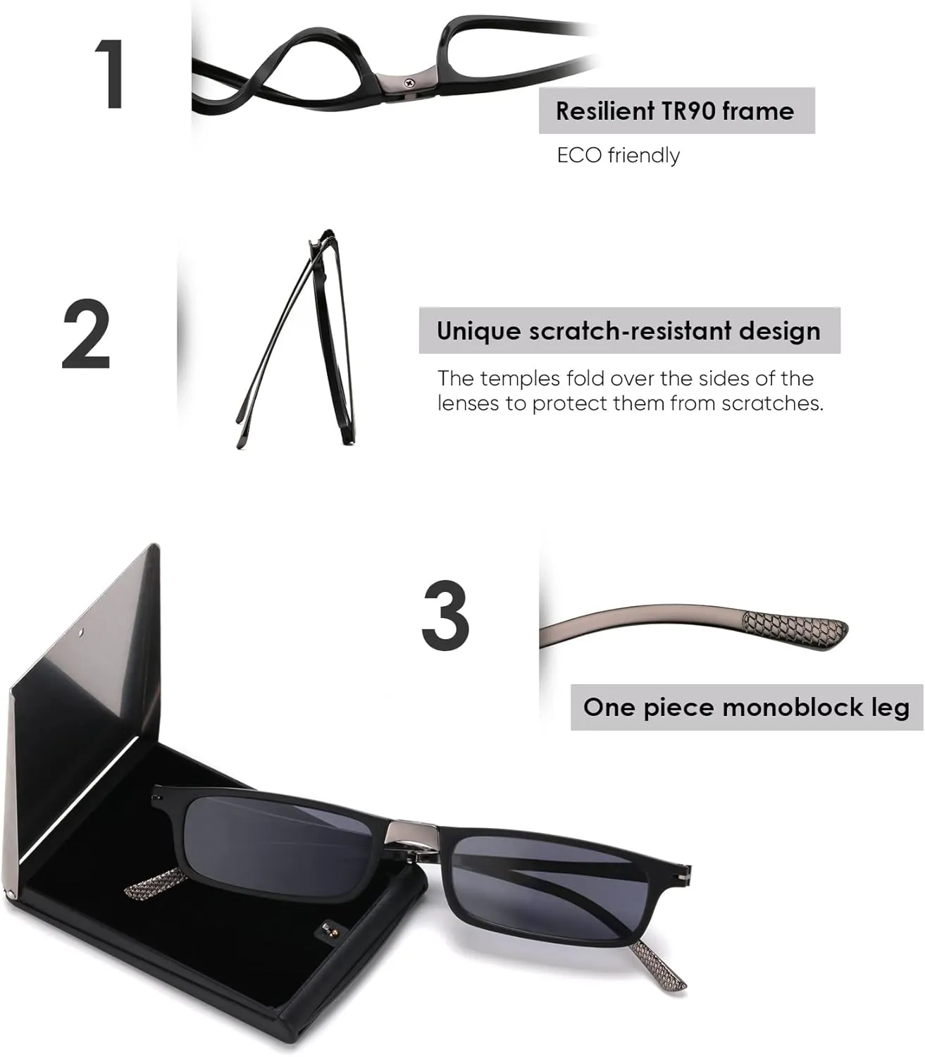 Unbreakable Evolved Folding Reading Sunglasses Women Men Blue Light Blocking Anti UV Eyestrain Foldable Portable Compact Lens Sun Readers Upgraded Metal Case Pocket Computer glasses 1.5 BLACK