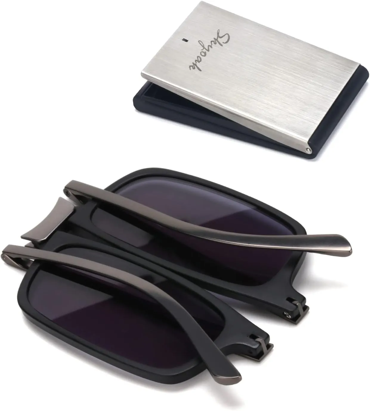 Unbreakable Evolved Folding Reading Sunglasses Women Men Blue Light Blocking Anti UV Eyestrain Foldable Portable Compact Lens Sun Readers Upgraded Metal Case Pocket Computer glasses 1.5 BLACK