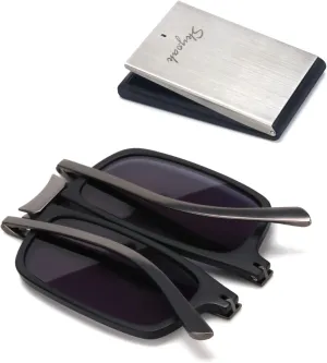 Unbreakable Evolved Folding Reading Sunglasses Women Men Blue Light Blocking Anti UV Eyestrain Foldable Portable Compact Lens Sun Readers Upgraded Metal Case Pocket Computer glasses 1.5 BLACK