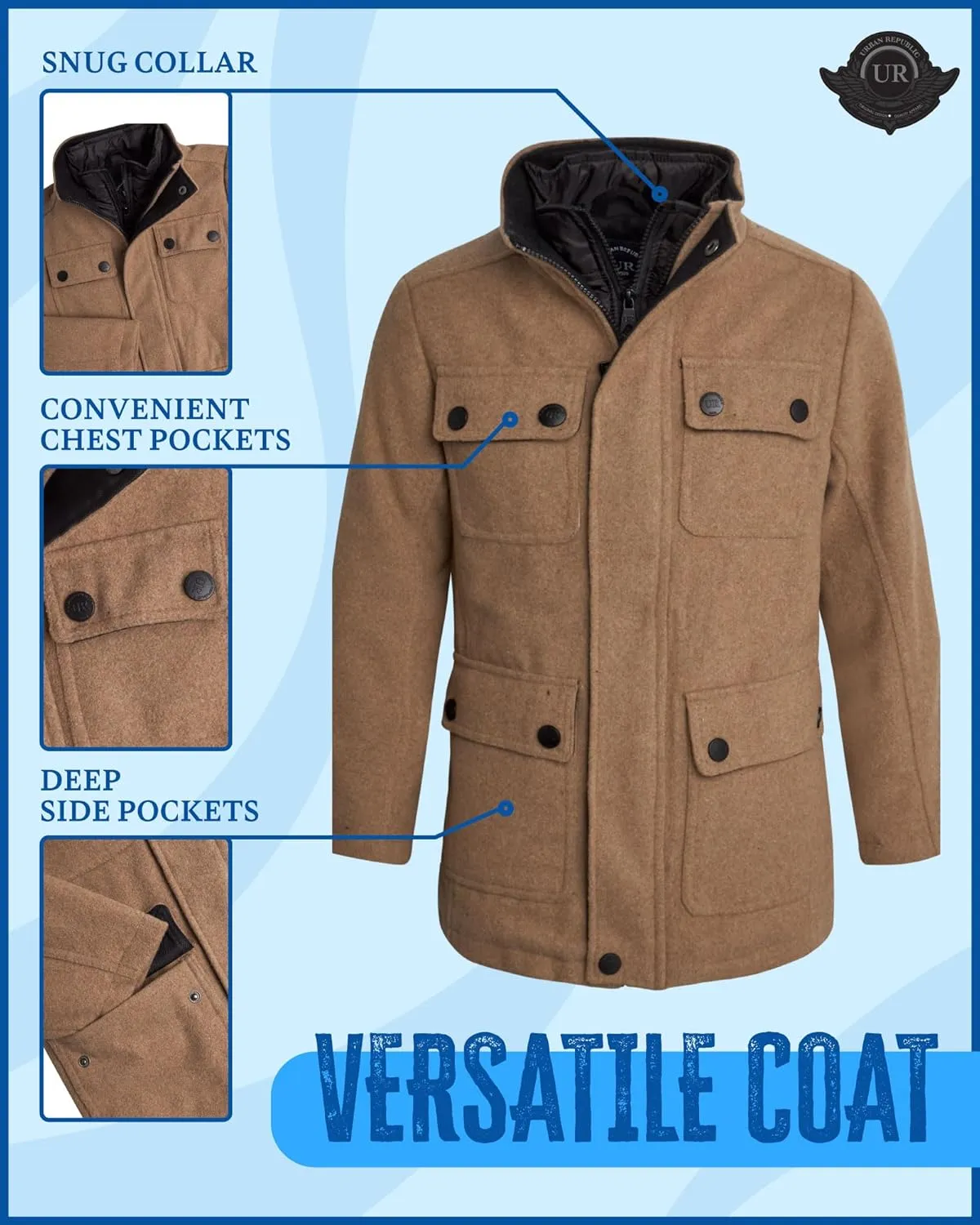 URBAN REPUBLIC Boys Wool Dress Coat - Warm Stylish Winter Jacket with Double Zip and Snap Closure and Bib Insert (Size: 4-20)