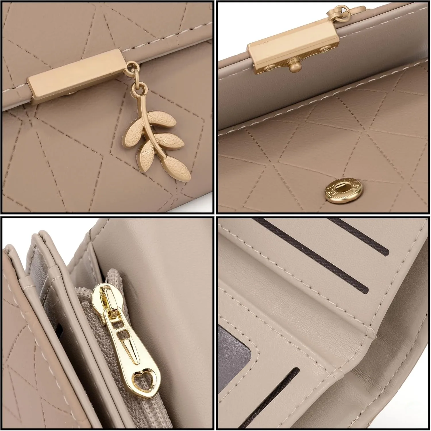UTO RFID Wallet for Women PU Leather Leaf Pendant Card Holder Phone Checkbook Organizer Zipper Coin Purse