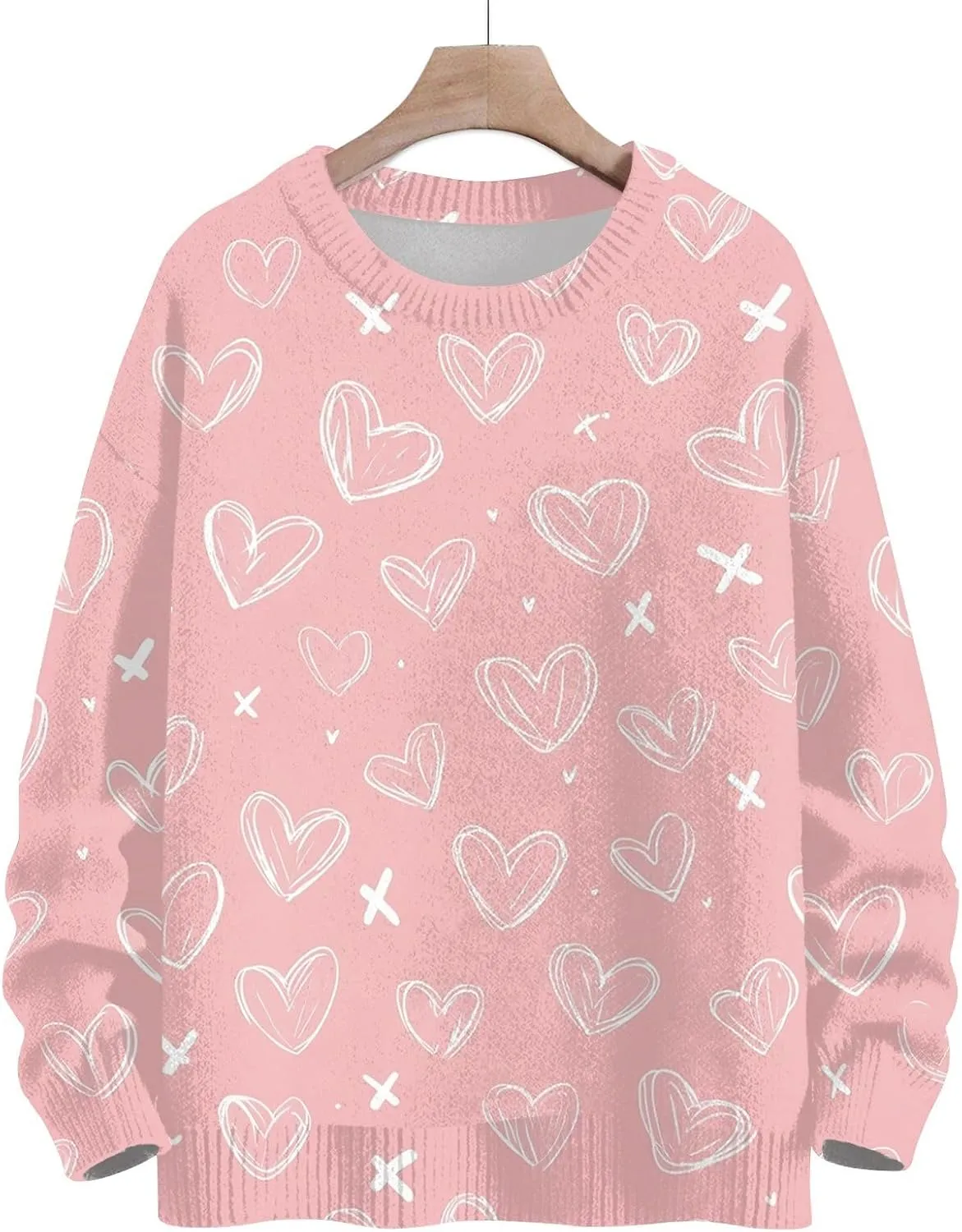 Valentine's Day Fashion Printed Sweaters Unisex Lovely Heart Pullovers Crew Neck Long Sleeve Date Clothing Tops