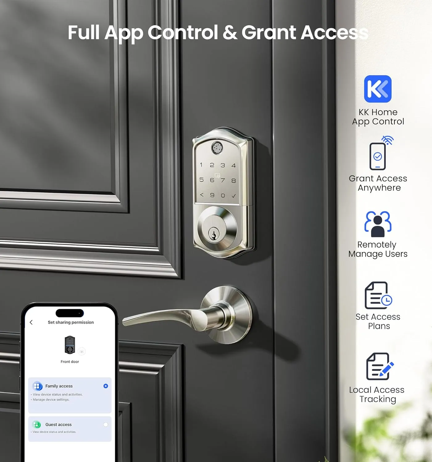 Veise VE017 Fingerprint Smart Door Lock, App Control, 7-in-1 Keyless Entry, Auto Lock, Emergency Power Port, Electronic Touchscreen Keypad, Biometric Smart Locks for Front Door, Satin Nickel