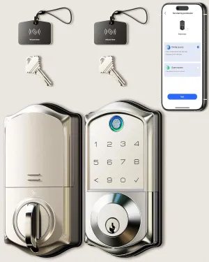 Veise VE017 Fingerprint Smart Door Lock, App Control, 7-in-1 Keyless Entry, Auto Lock, Emergency Power Port, Electronic Touchscreen Keypad, Biometric Smart Locks for Front Door, Satin Nickel