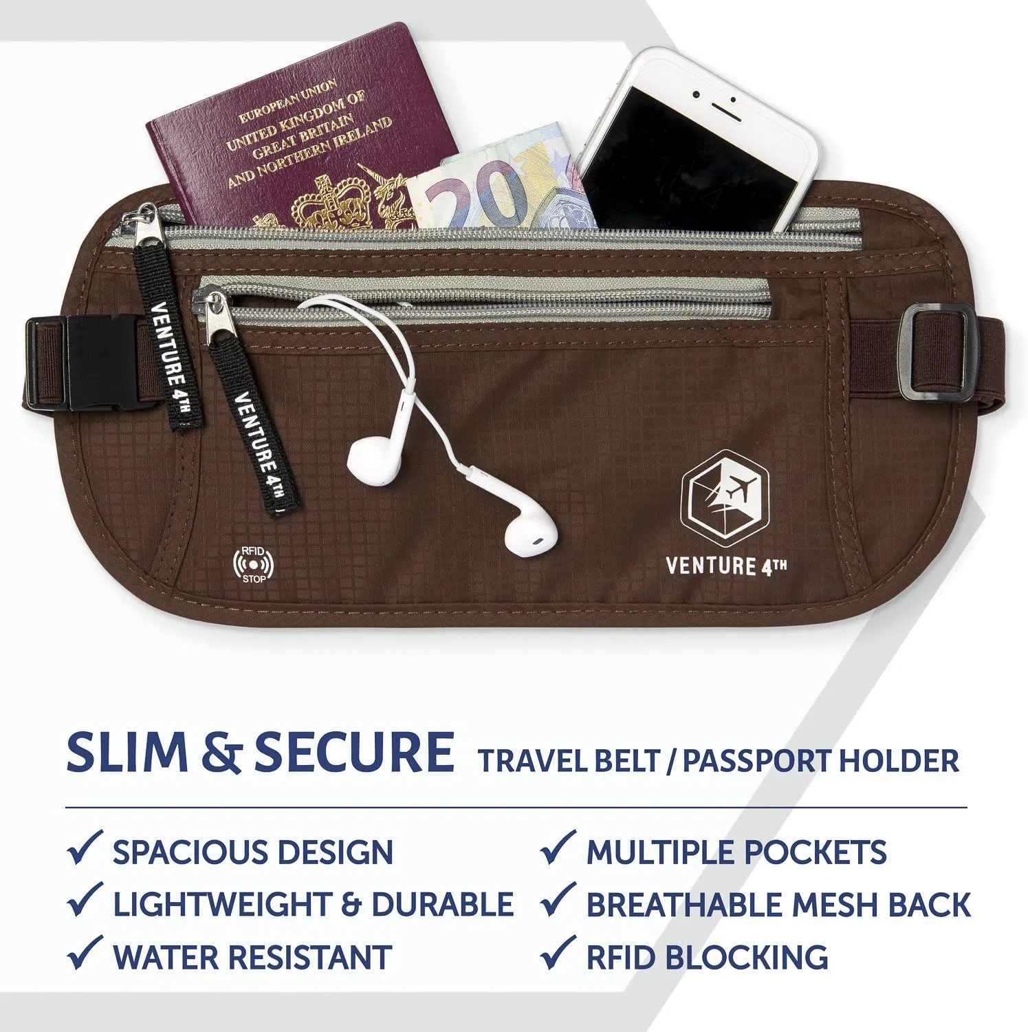 VENTURE 4TH Slim Minimalist Design RFID Money Belt with RFID Blocking Sleeves, for Men and Women – Ideal for Keeping Your Cash, Credit Card, Passport, Phone Secure When Traveling - Brown