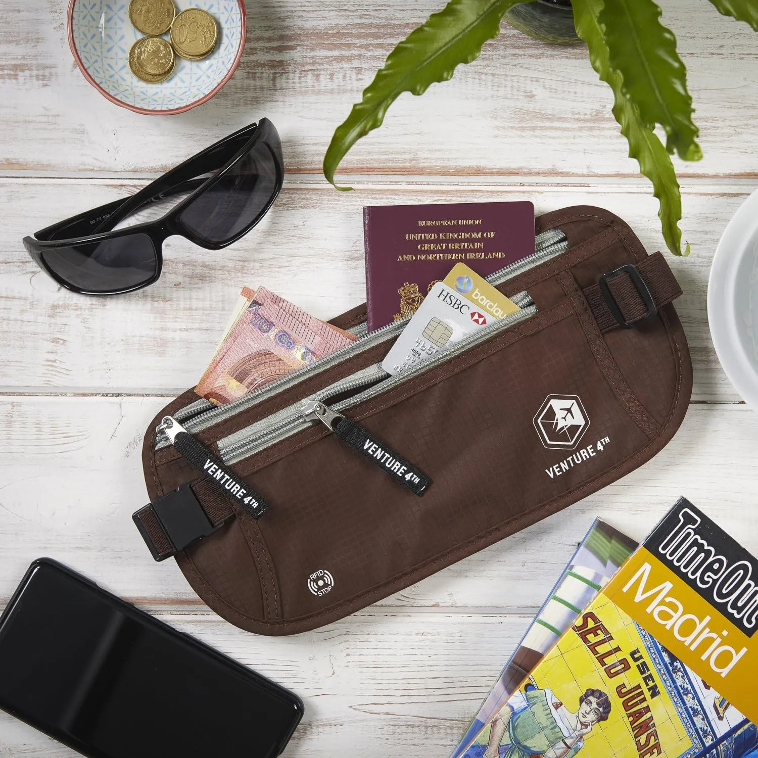 VENTURE 4TH Slim Minimalist Design RFID Money Belt with RFID Blocking Sleeves, for Men and Women – Ideal for Keeping Your Cash, Credit Card, Passport, Phone Secure When Traveling - Brown