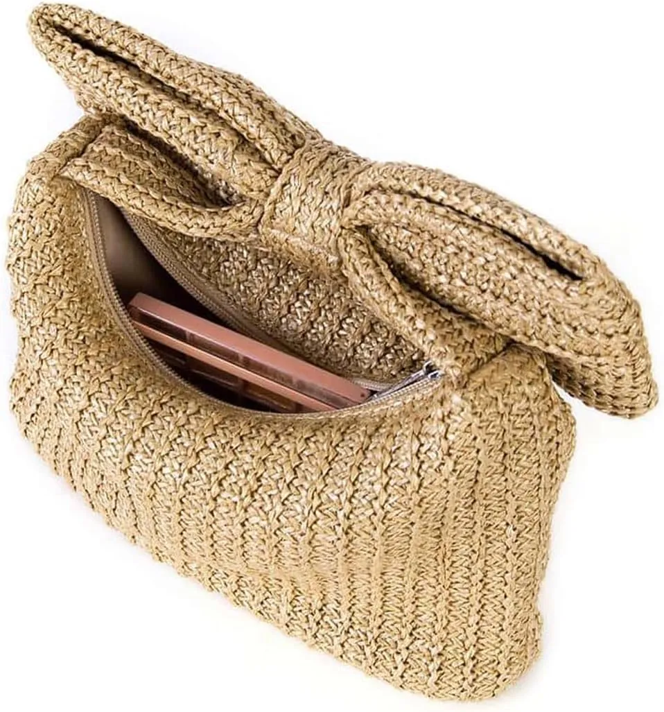 Verdusa Women's Bow Wrist Handbags Woven Purse Top Handle Straw Clutches