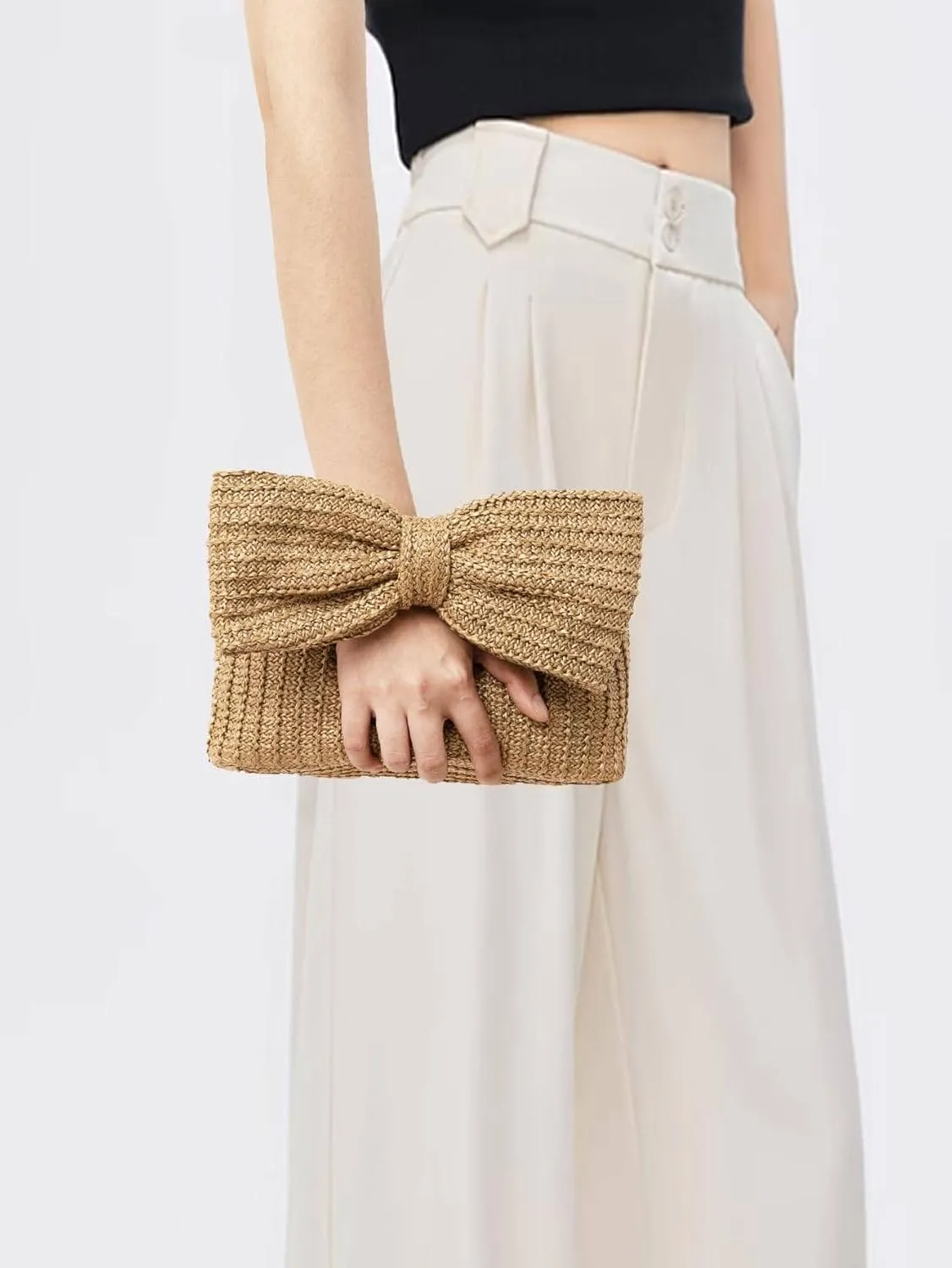 Verdusa Women's Bow Wrist Handbags Woven Purse Top Handle Straw Clutches