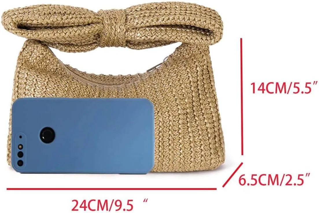 Verdusa Women's Bow Wrist Handbags Woven Purse Top Handle Straw Clutches