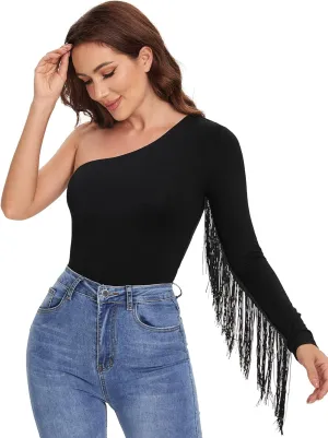 Verdusa Women's Fringe Trim One Shoulder Long Sleeve Fitted Top