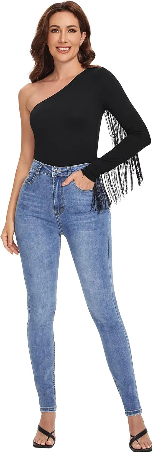 Verdusa Women's Fringe Trim One Shoulder Long Sleeve Fitted Top