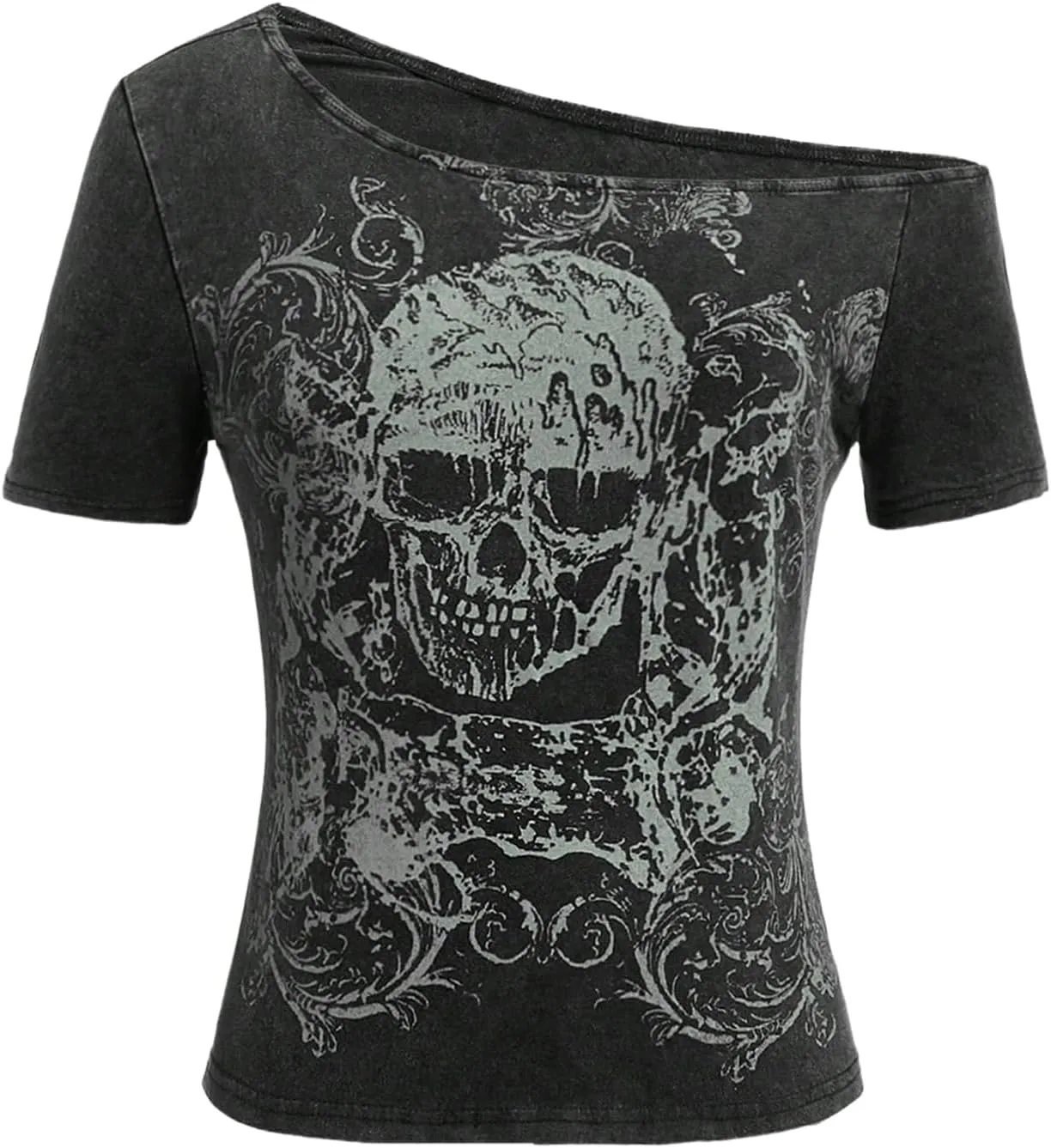 Verdusa Women's Goth Skull Print Tee Shirts Grunge Short Sleeve Off The Shoulder High Street Tops