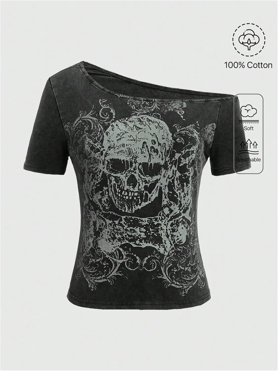 Verdusa Women's Goth Skull Print Tee Shirts Grunge Short Sleeve Off The Shoulder High Street Tops