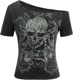 Verdusa Women's Goth Skull Print Tee Shirts Grunge Short Sleeve Off The Shoulder High Street Tops