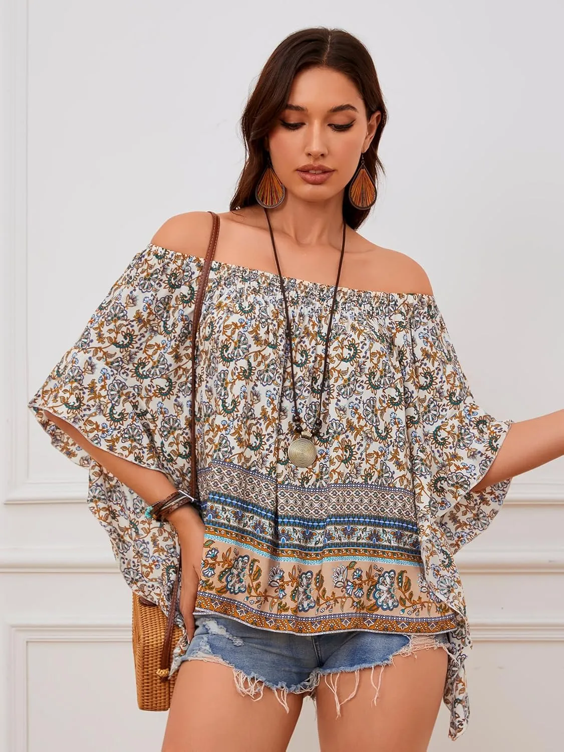 Verdusa Women's Off Shoulder Shirred Half Sleeve Loose Striped Blouse Shirt Top