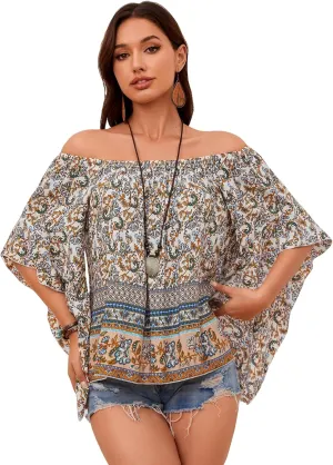 Verdusa Women's Off Shoulder Shirred Half Sleeve Loose Striped Blouse Shirt Top