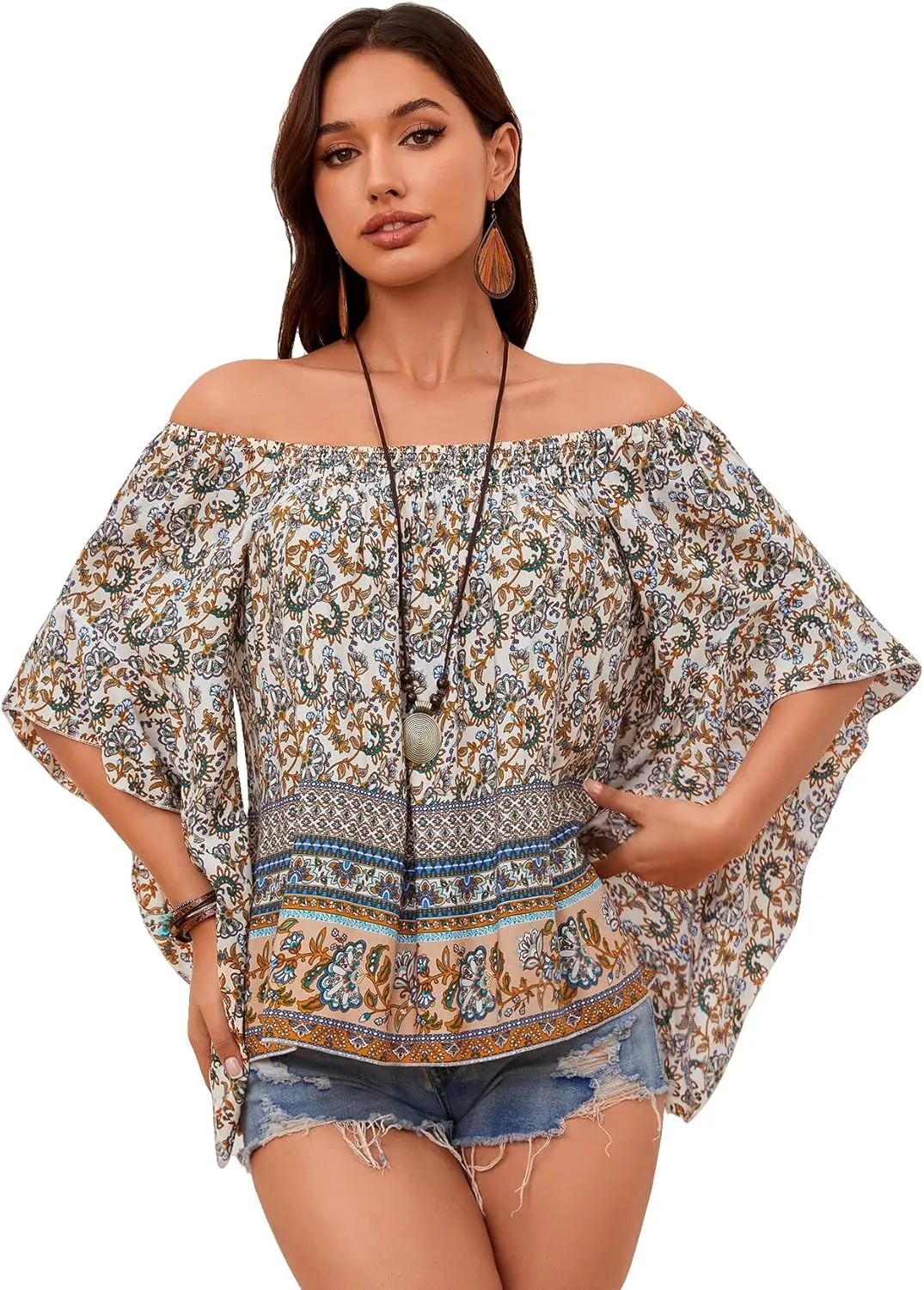 Verdusa Women's Off Shoulder Shirred Half Sleeve Loose Striped Blouse Shirt Top