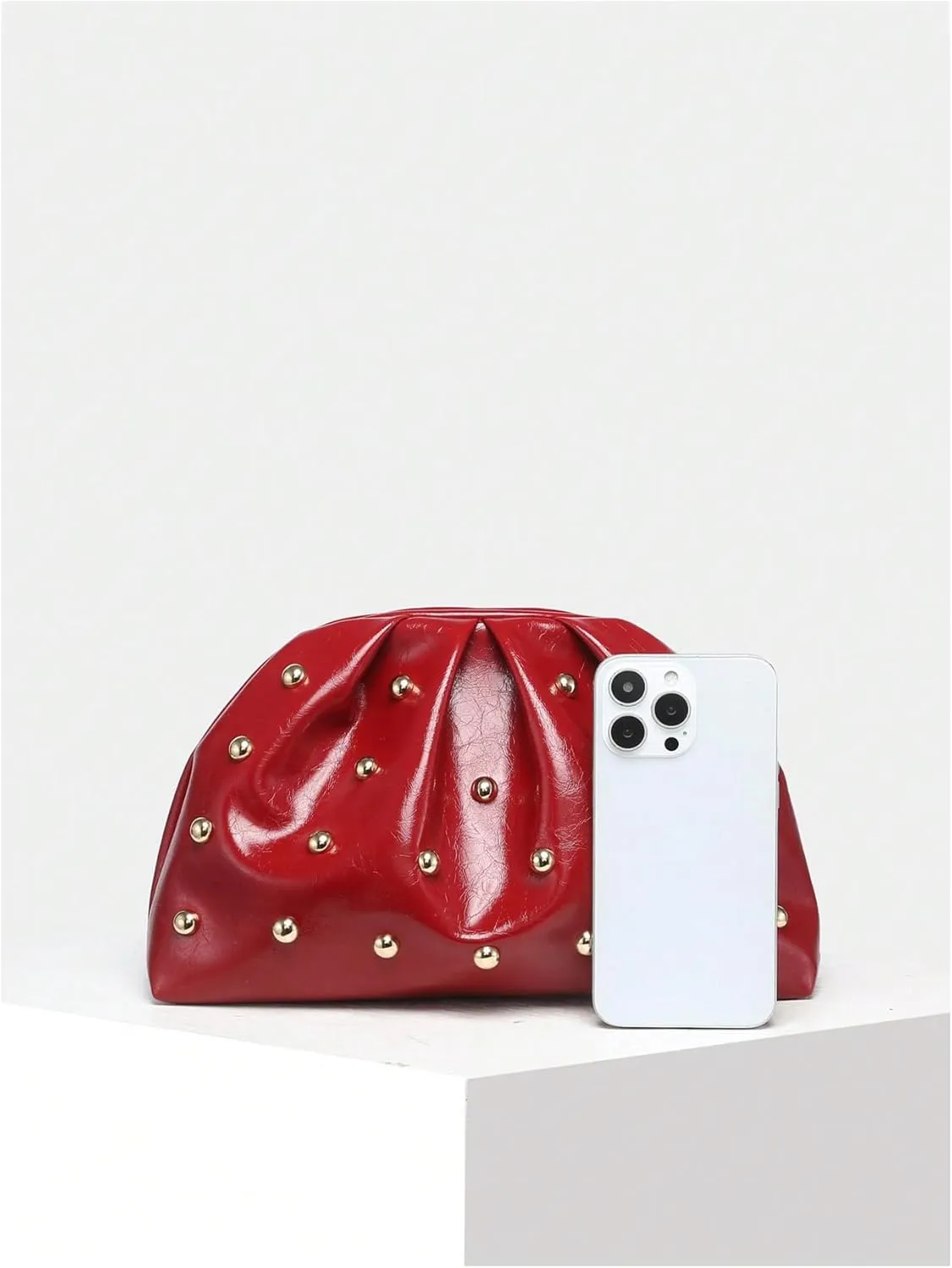 Verdusa Women's PU Leather Studded Clutch Handbags Retro Magnet Ruched Evening Bags