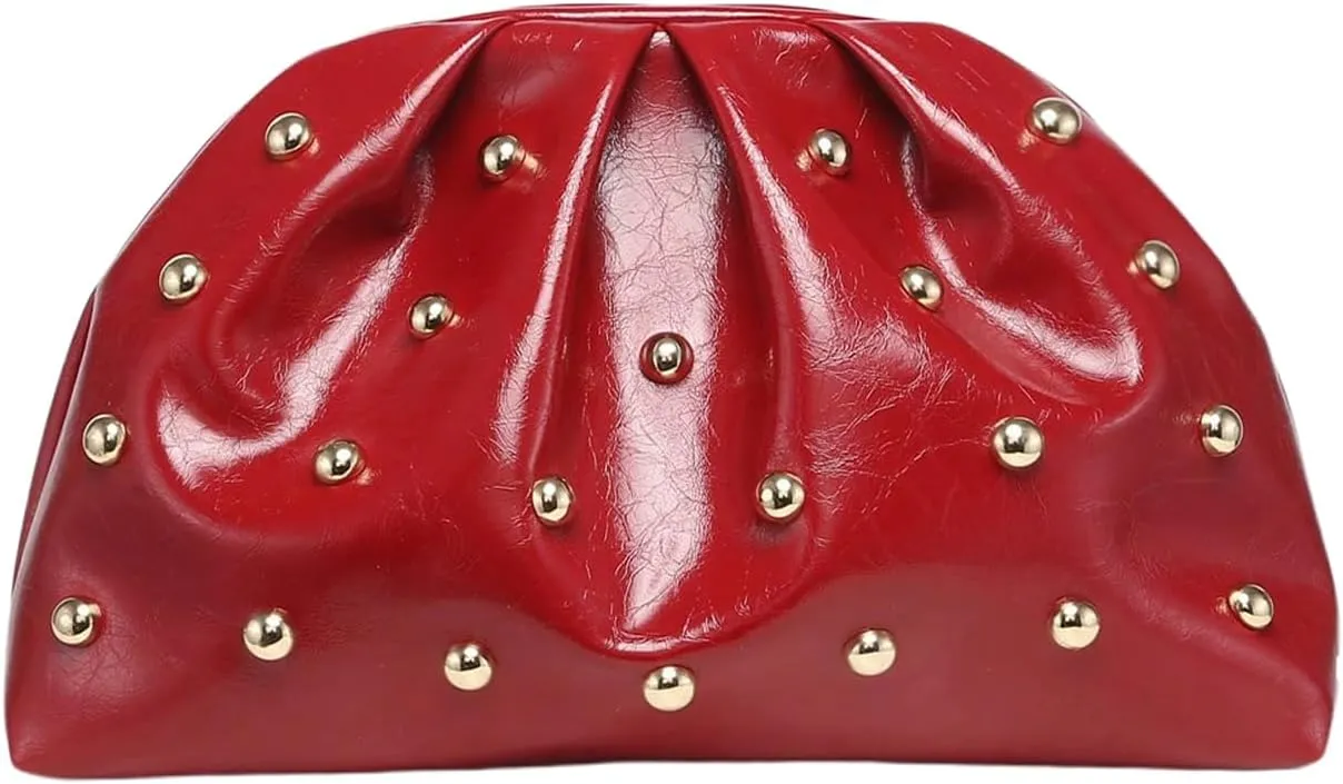 Verdusa Women's PU Leather Studded Clutch Handbags Retro Magnet Ruched Evening Bags