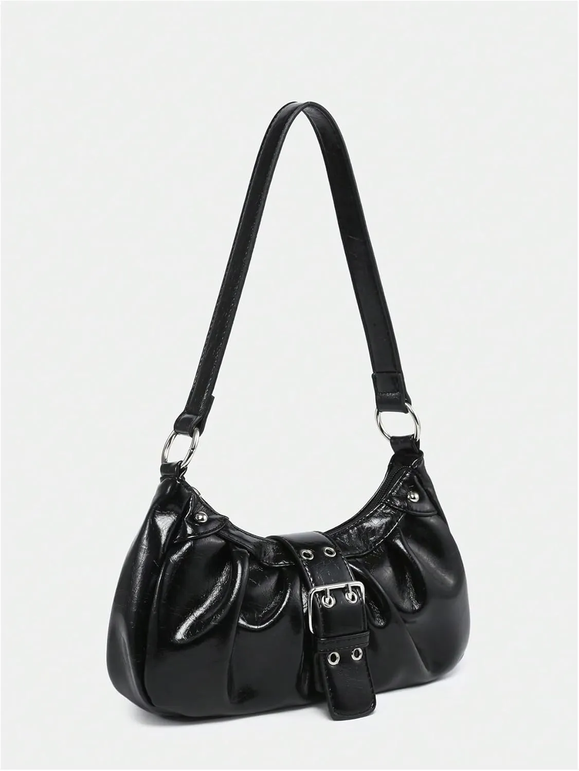 Verdusa Women's PU Leather Zipper Shoulder Handbag Retro Buckle Crescent Evening Clutch Bag