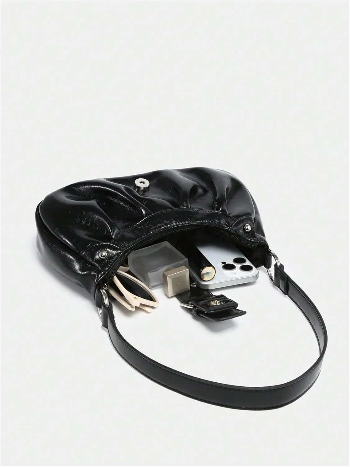 Verdusa Women's PU Leather Zipper Shoulder Handbag Retro Buckle Crescent Evening Clutch Bag