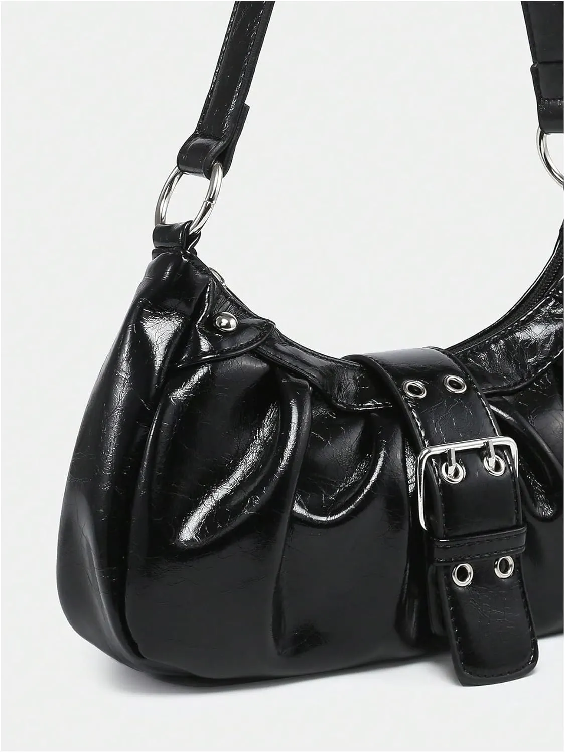 Verdusa Women's PU Leather Zipper Shoulder Handbag Retro Buckle Crescent Evening Clutch Bag