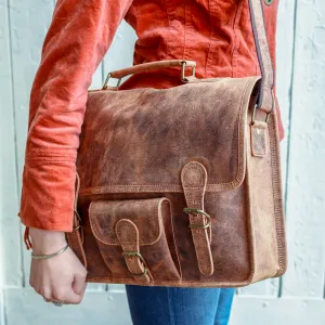 Vintage Leather Satchel 15 Inch With Pocket & Handle