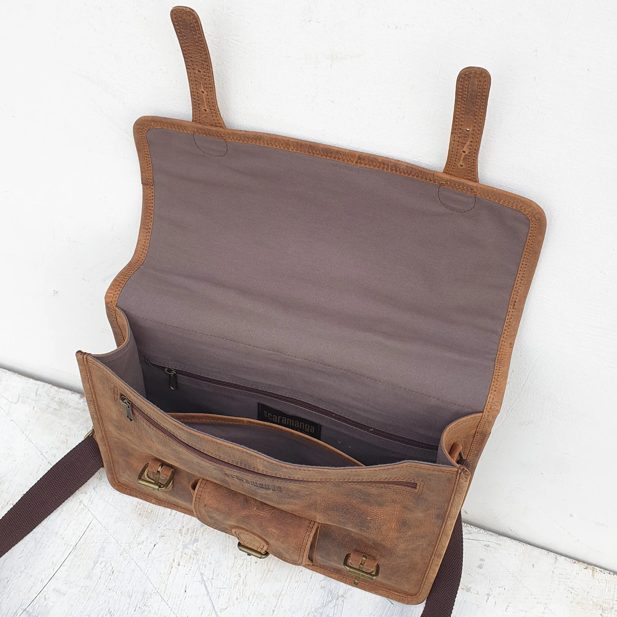 Vintage Leather Satchel 15 Inch With Pocket & Handle