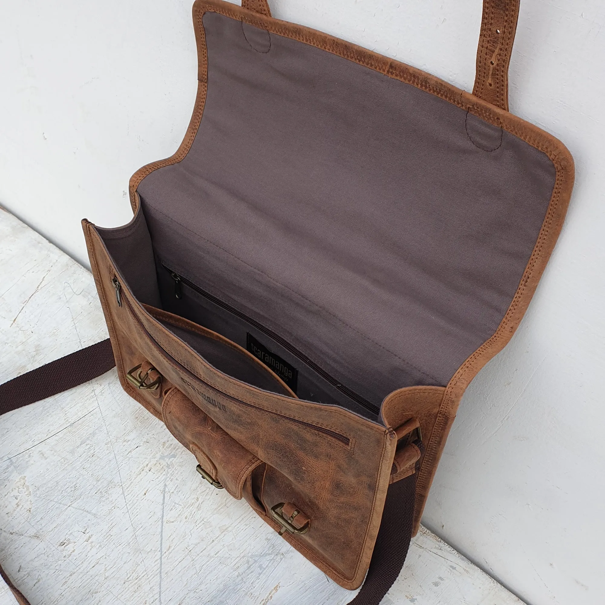 Vintage Leather Satchel 15 Inch With Pocket & Handle