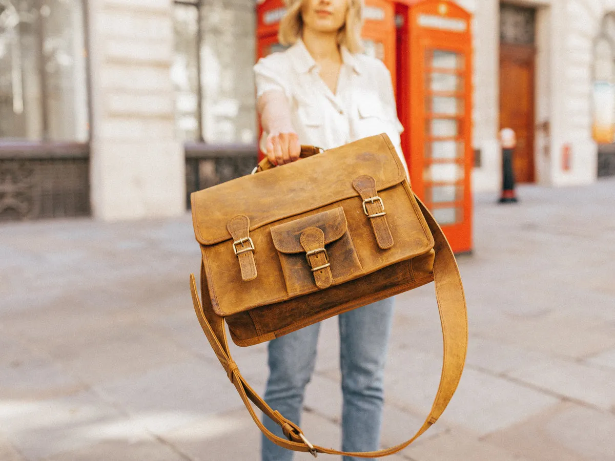 Vintage Leather Satchel 15 Inch With Pocket & Handle