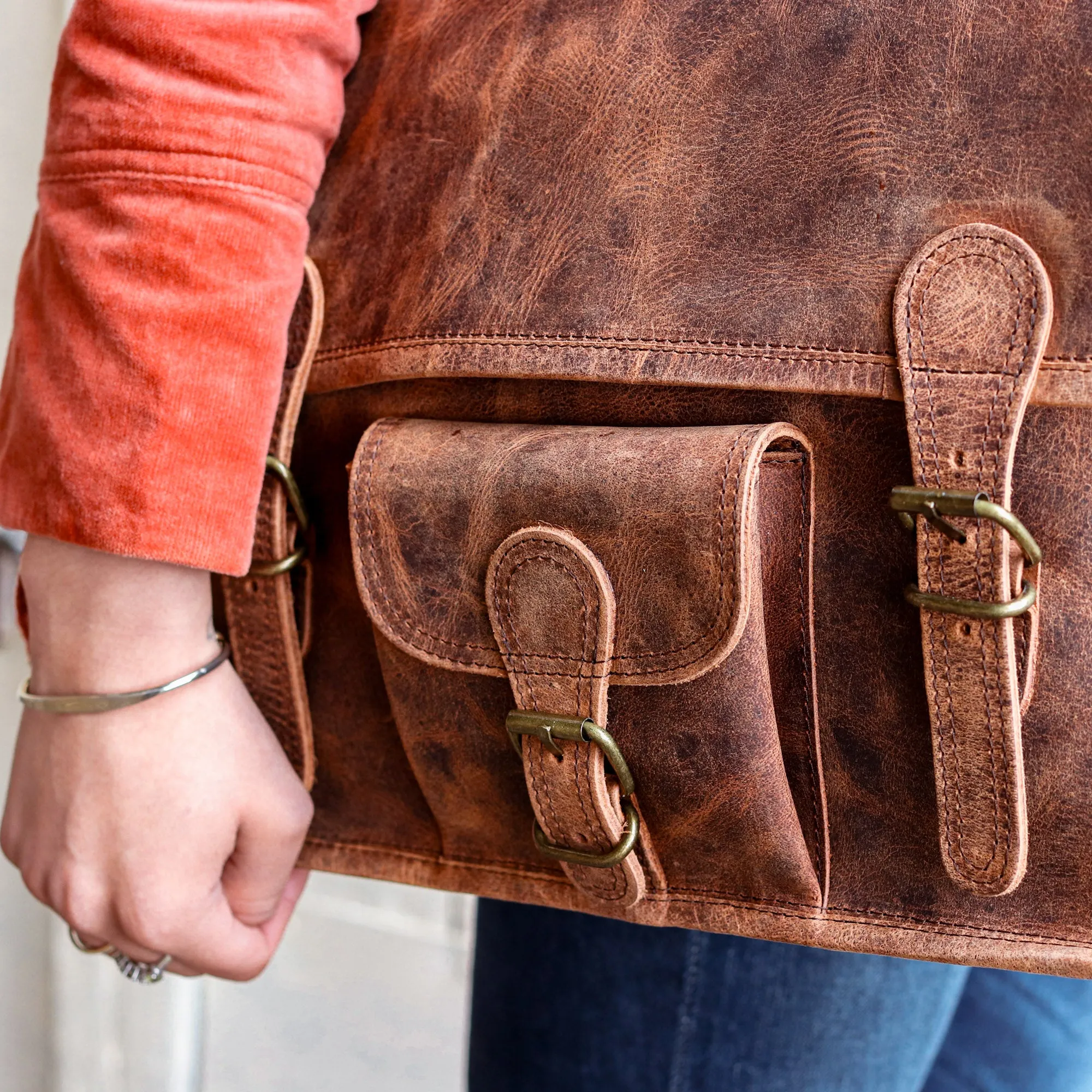 Vintage Leather Satchel 15 Inch With Pocket & Handle