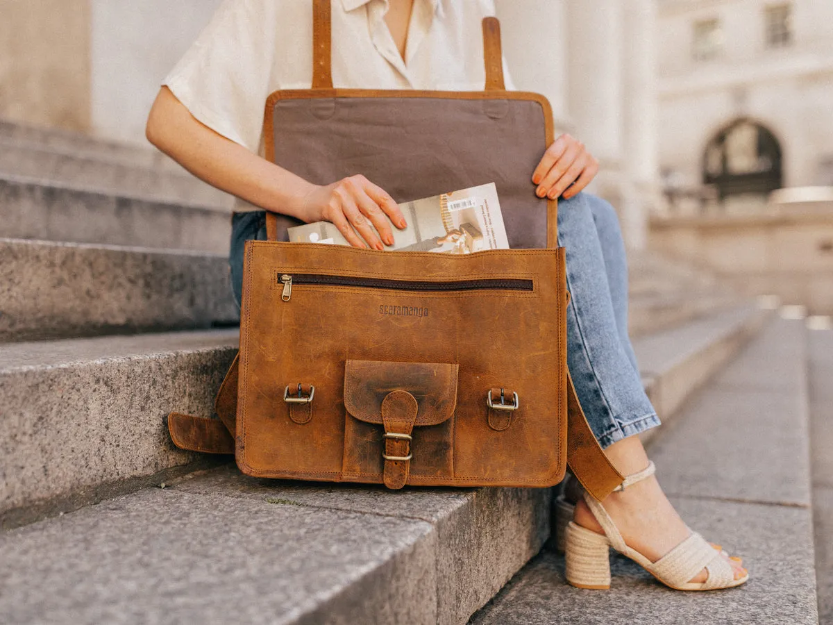 Vintage Leather Satchel 15 Inch With Pocket & Handle
