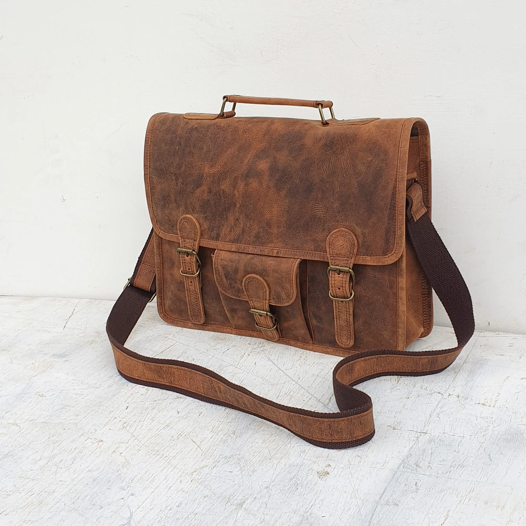 Vintage Leather Satchel 15 Inch With Pocket & Handle