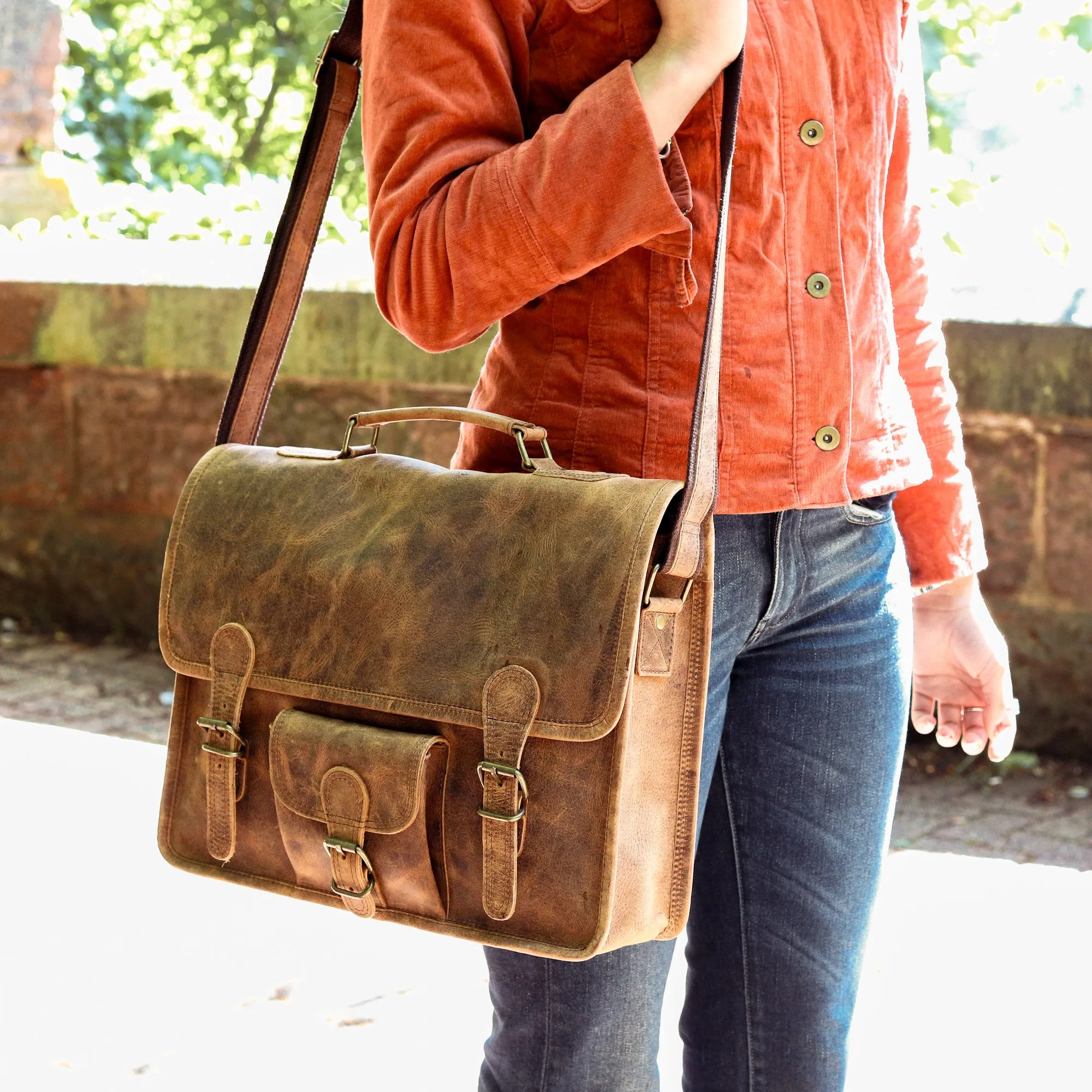 Vintage Leather Satchel 15 Inch With Pocket & Handle