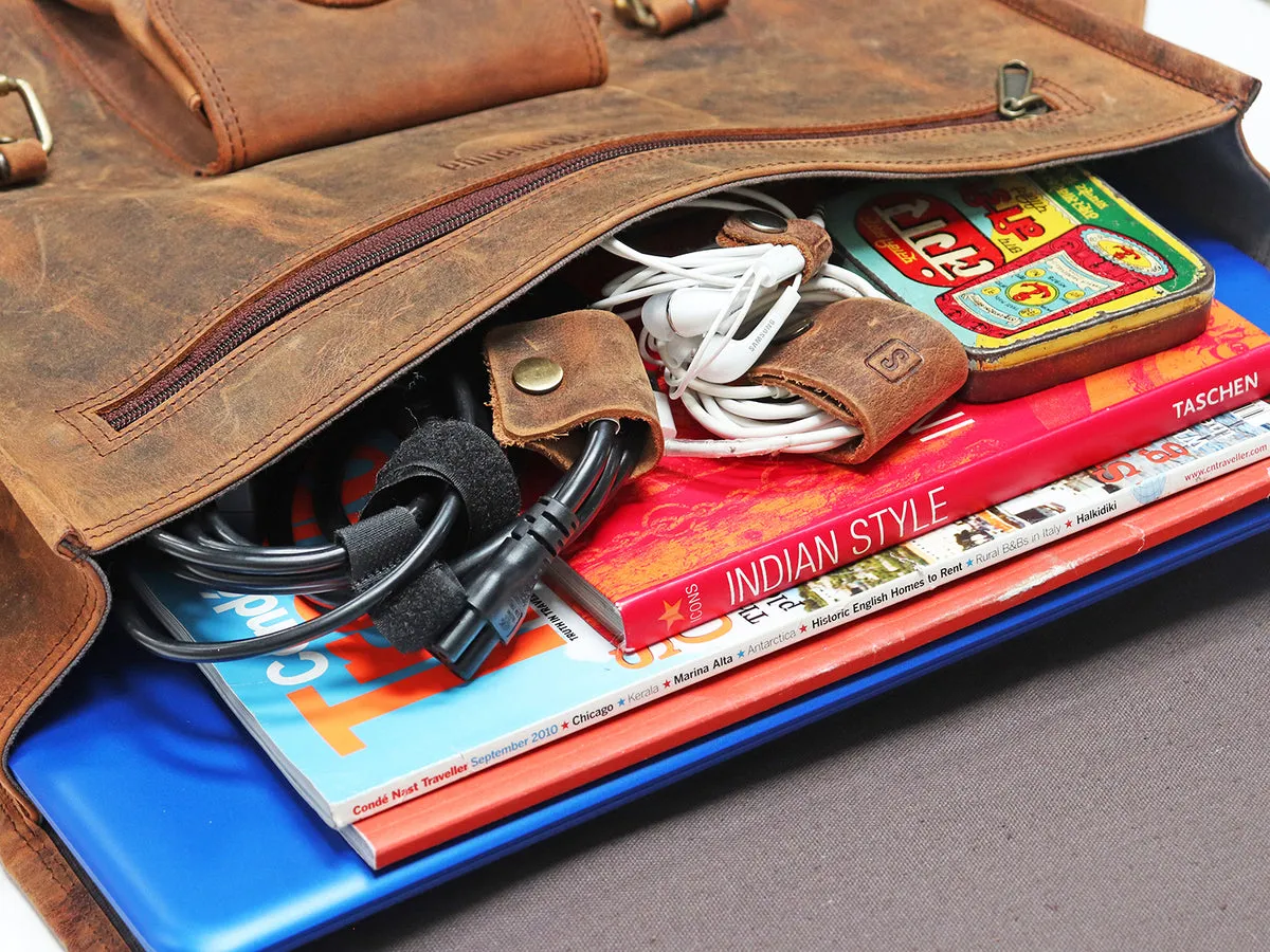 Vintage Leather Satchel 15 Inch With Pocket & Handle