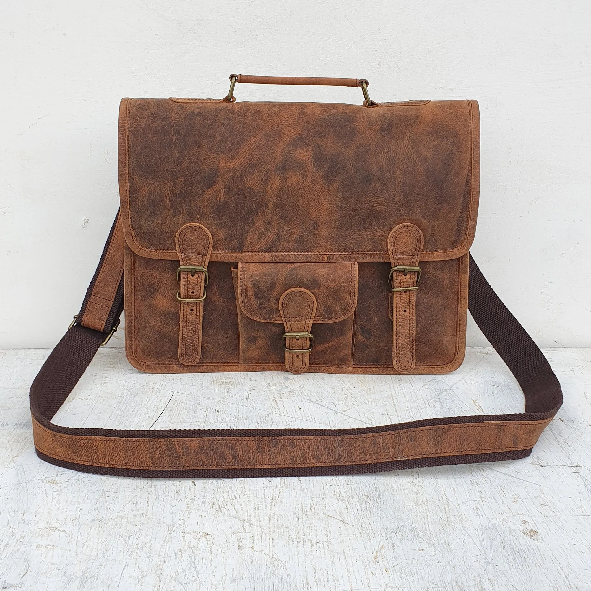 Vintage Leather Satchel 15 Inch With Pocket & Handle