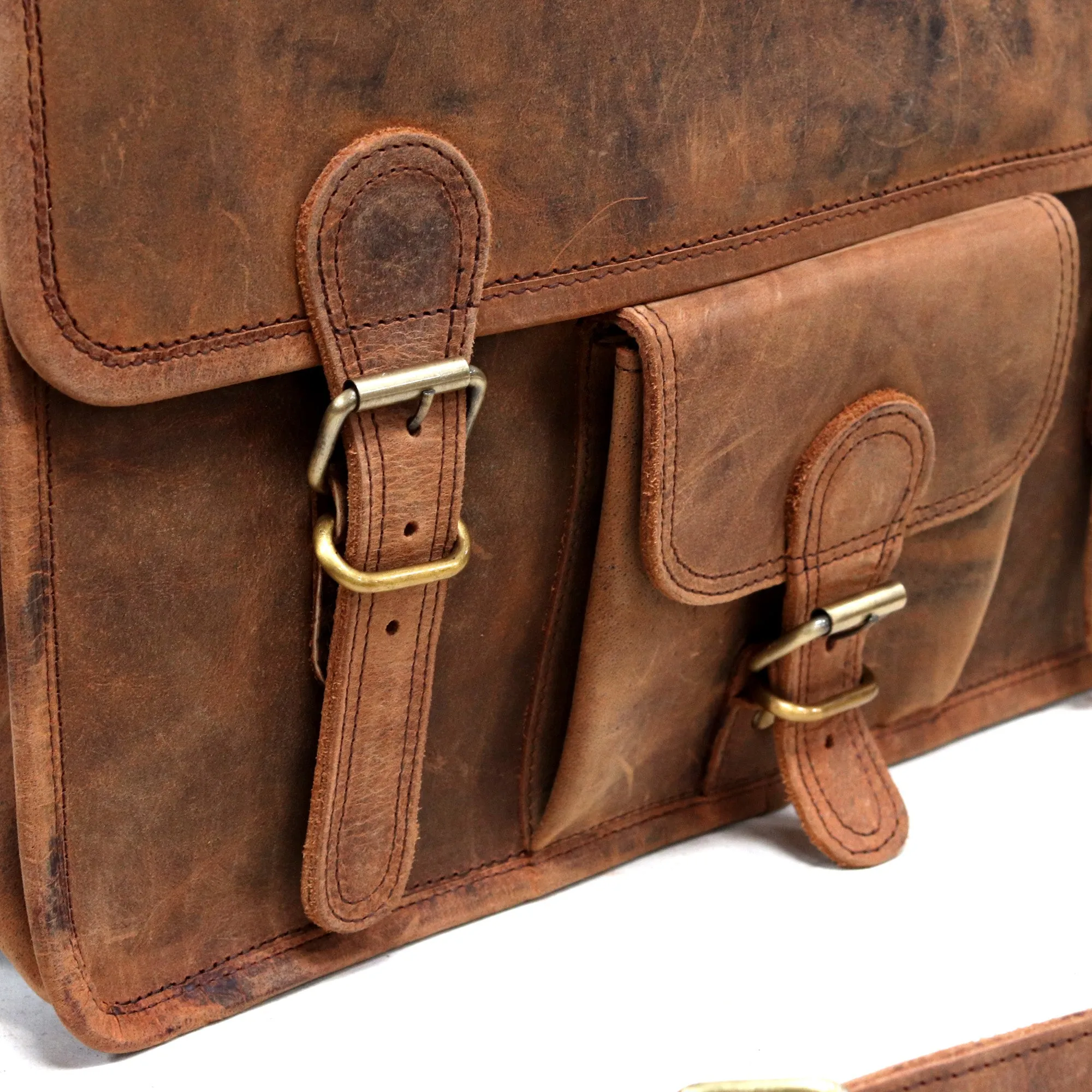 Vintage Leather Satchel 15 Inch With Pocket & Handle